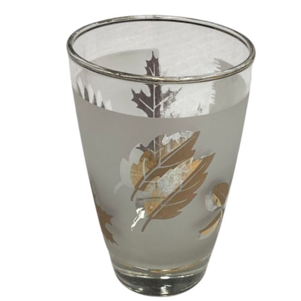 Vintage Frosted Glass Tumbler with Gold & Silver Leaf Pattern Fall Autumn MCM - Picture 2 of 9